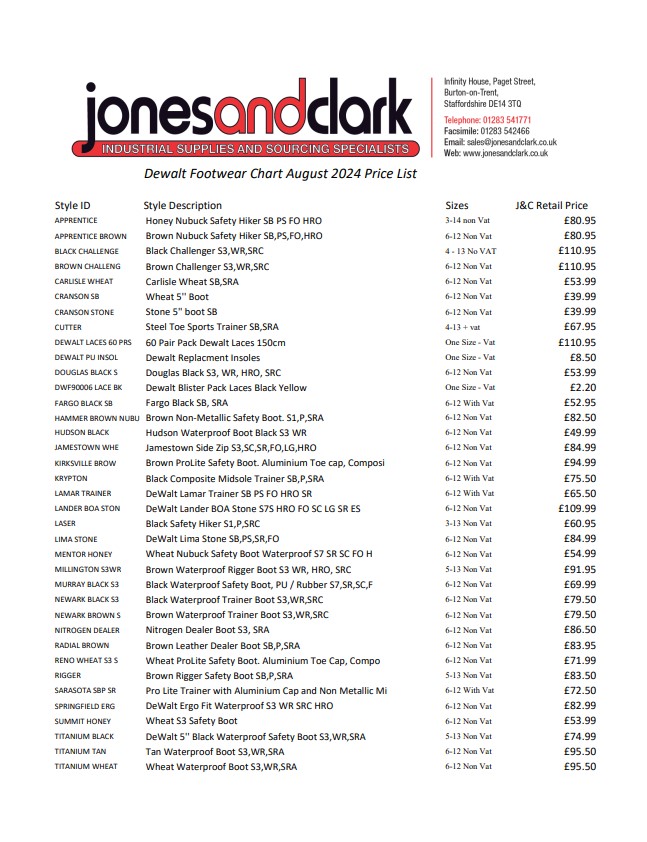 DeWALT Footwear Wall Chart August 2024 Price List